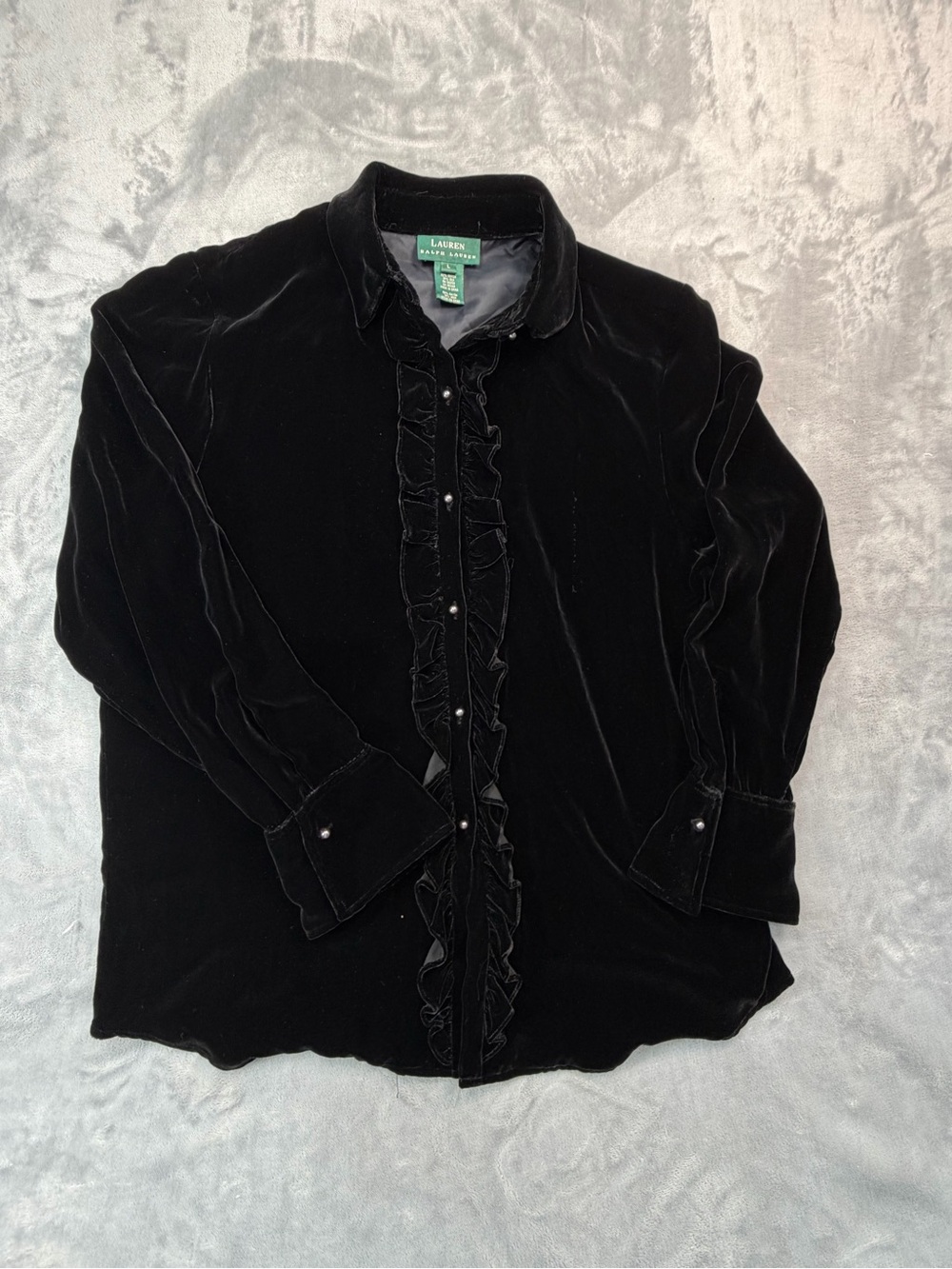 Polo by Ralph Lauren Black Velvet Ruffle Front Skirt Vintage Blouse Women’s L